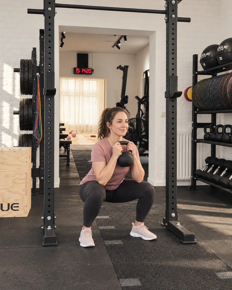 Une femme effectue un squat en tenant une kettlebell devant elle