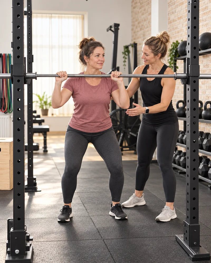 Une femme s'entraîne au rack avec une coach